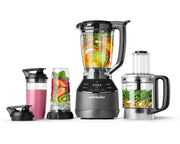 NutriBullet Triple Prep System filled with fruits, vegetables, nuts, ice and smoothie